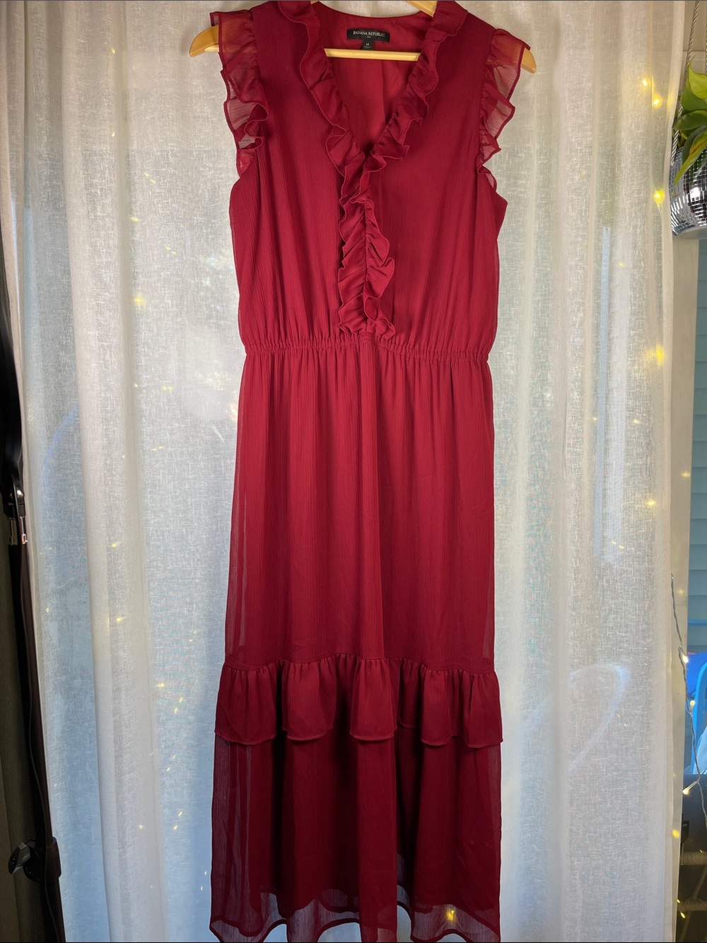 Banana Republic Burgundy Ruffle V-Neck Maxi Dress